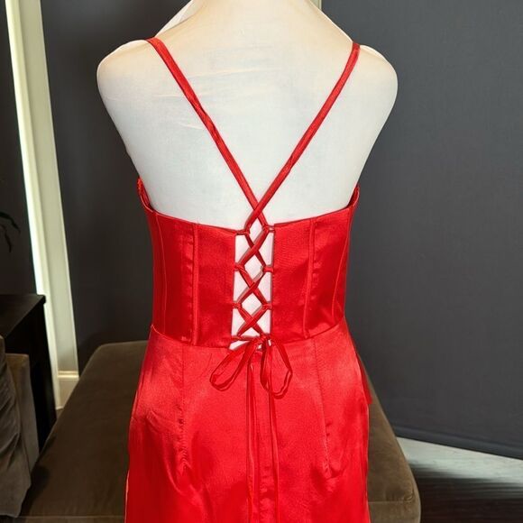 Red Satin Full Length Prom Party Formal Dress CrissCross Straps Leg Slit Size 8 - Picture 6 of 14
